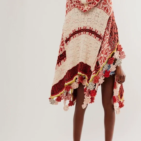 Free People Craft Poncho Sweater Hooded Drawstring Gardenia Spice Combo - Picture 2 of 6